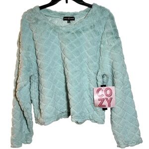 Almost Famous Cozy Light Powder Blue Crop Diamond Pullover Sweatshirt Size XL